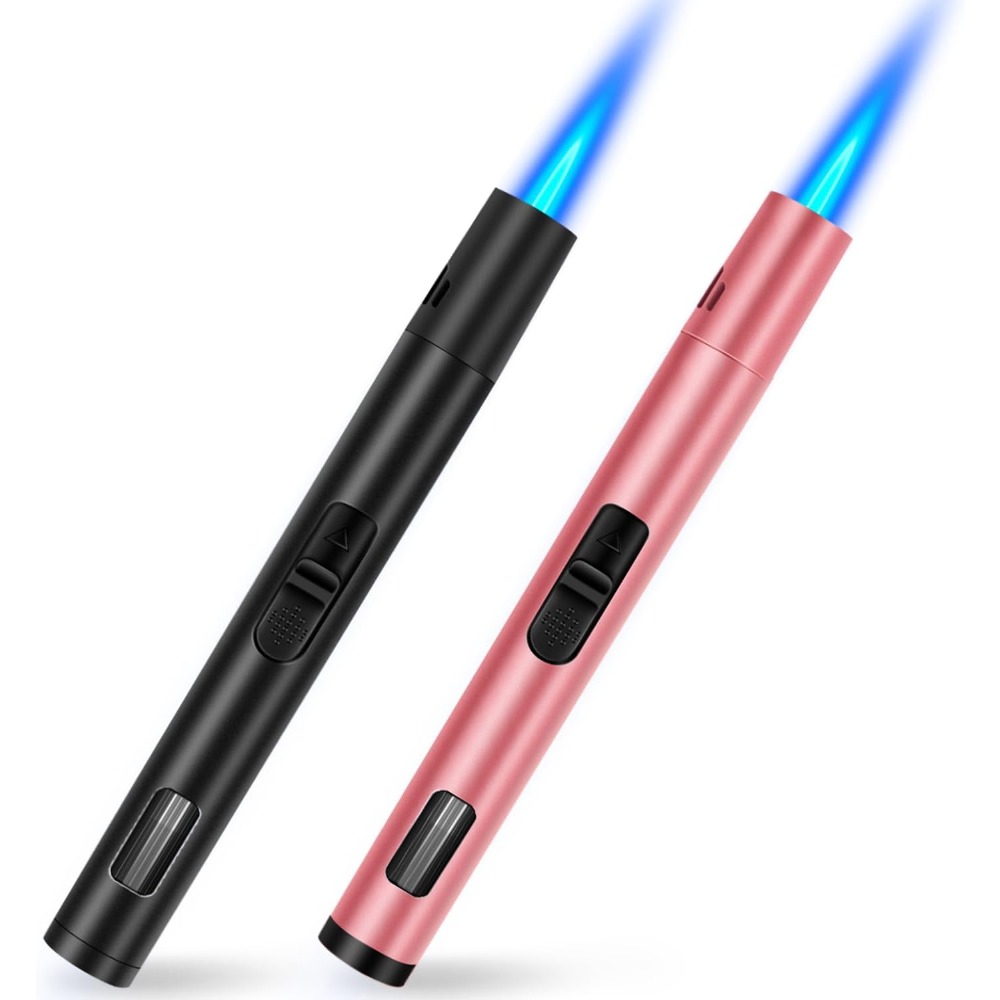 Lighter Windproof - ไฟแช็คกันลมแบบเติมได้ 2 ชิ้น, ไฟแช็คแก๊สบิวเทนแบบหัวพ่นทองแดงพร้อมช่องมองระดับเชื้อเพลิง สำหรับตั้งแคมป์ บาร์บีคิว
