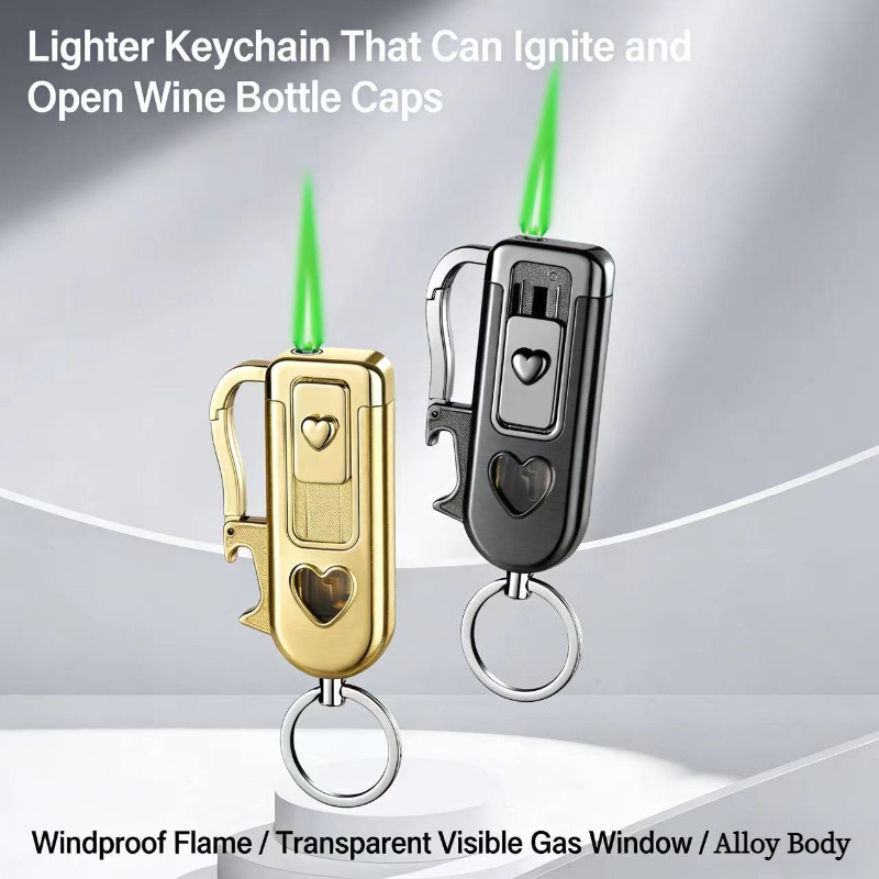 Lighter Windproof - ไฟแช็คแก๊สบิวเทนแบบพกพาอเนกประสงค์ พร้อมพวงกุญแจ กันลม ไฟสีเขียว พร้อมที่เปิดขวดแบบพกพา และที่สูบลม