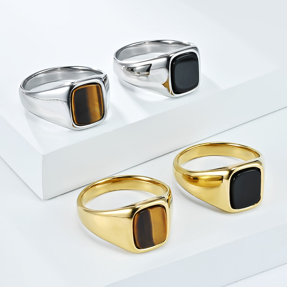 Signet Ring Men - แหวนตราประทับสไตล์วินเทจแฟชั่นใหม่ ทำจากสแตนเลสประดับด้วยหินไทเกอร์อายสีดำ สำหรับผู้ชาย