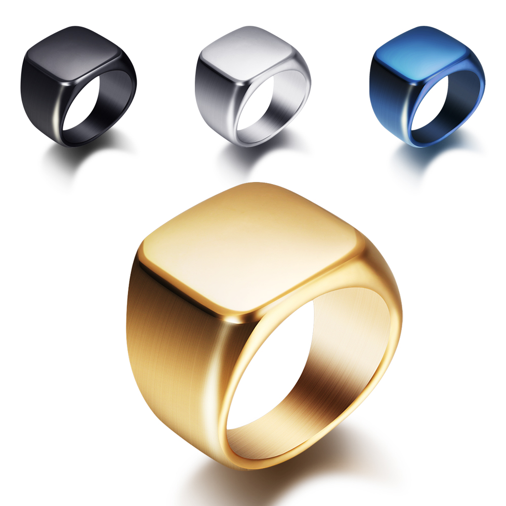 Signet Ring Men - ฟรีสลักใหม่แหวนเงิน/ทอง/ดำ/น้ำเงินแหวนไททาเนียมความกว้างขนาดใหญ่ปรับแต่งได้ตามต้องการแหวนแฟชั่นสำหรับผู้ชายเครื่องประดับเหล็กไทเทเนียม