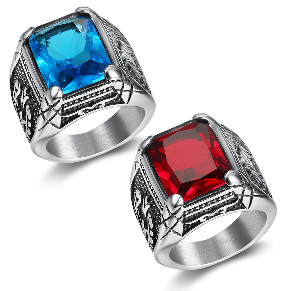 Signet Ring Men - เงินสีผู้ชายสีแดงสีฟ้าSemi-PreciousหินSignetแหวน 316lสแตนเลสผู้ชายเครื่องประดับAnillosอุปกรณ์เสริม