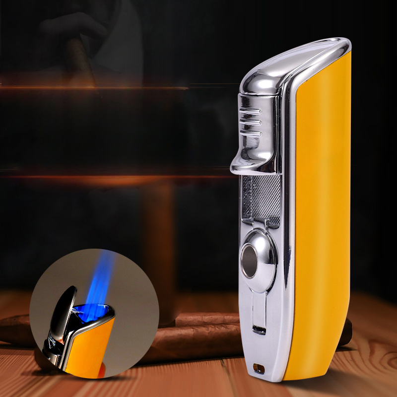 Lighter Windproof - ไฟแช็คซิการ์ทรงพลังพร้อมที่เจาะ ไฟแช็คแบบพ่นไฟ 3 หัว ทนลม แบบเติมแก๊สบิวเทนได้