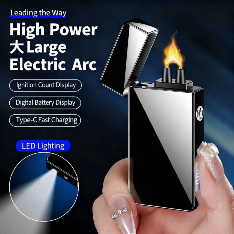 Lighter Windproof - เทคโนโลยีล้ำสมัย สีดำ แบตเตอรี่จุดไฟด้วยอาร์คแรงดันสูง กำลังไฟสูง ชาร์จแบบ Type-C