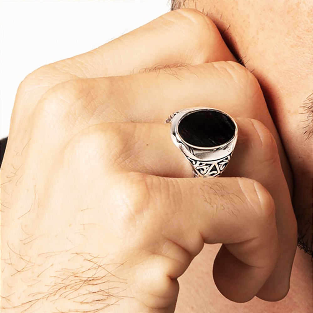 รูปไข่สีดํา Signet แหวนยุโรปสไ - Signet Ring Men บทวิจารณ์และราคา