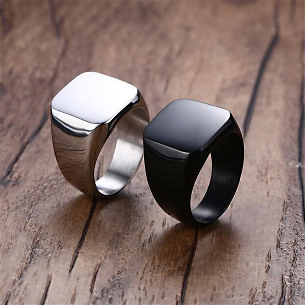 แหวนสแตนเลสสีดำเรียบผู้ชายแฟชั - Signet Ring Men บทวิจารณ์และราคา